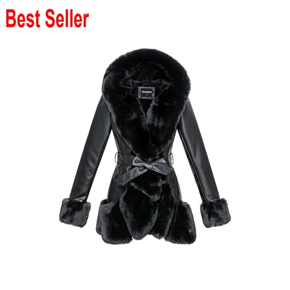 Faux Leather Coat with Faux Fur Collar, Belted Mid Length Winter Jacket
